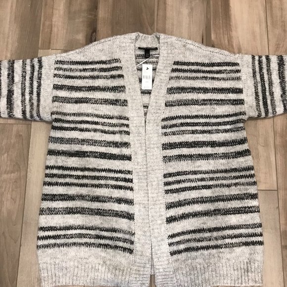 Cardigan - Marled-Stripe Open Front, Pale Grey with Black Stripes - Picture 1 of 7